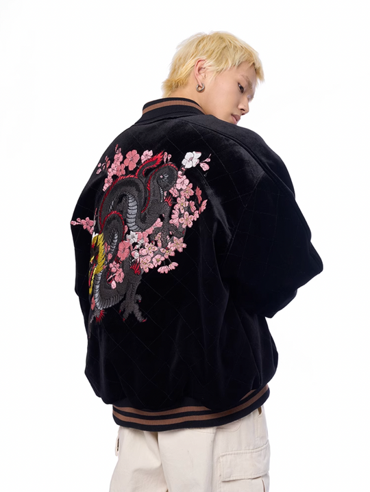 AFGK Dragon Embroidery Velvet Quilted Souvenir Jacket | Face 3 Face