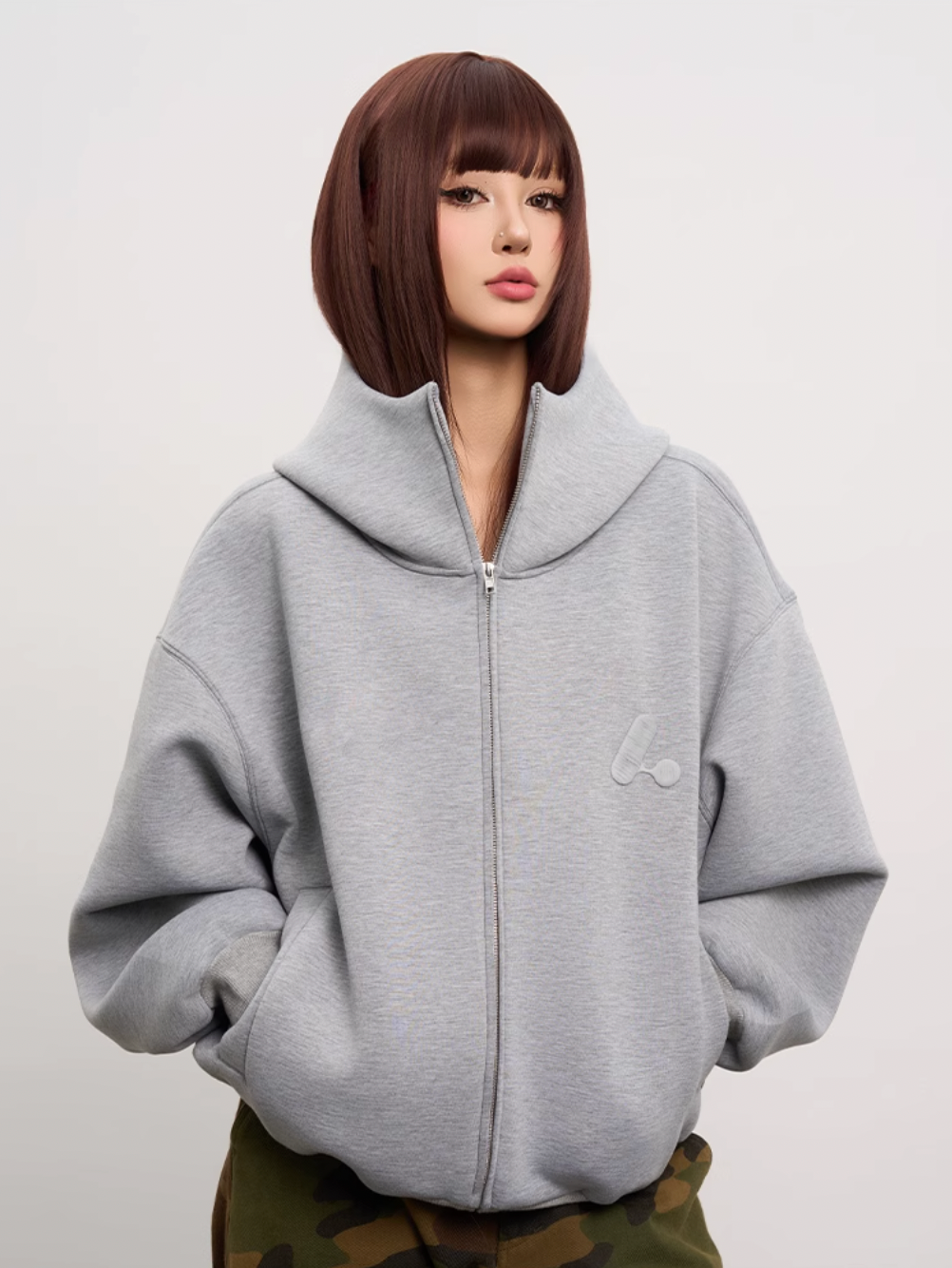 AFGK Air Layer High Collar Embroidered Oversized Zip-Up Hoodie | Face 3 Face