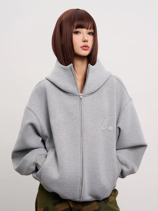 AFGK Air Layer High Collar Embroidered Oversized Zip-Up Hoodie | Face 3 Face