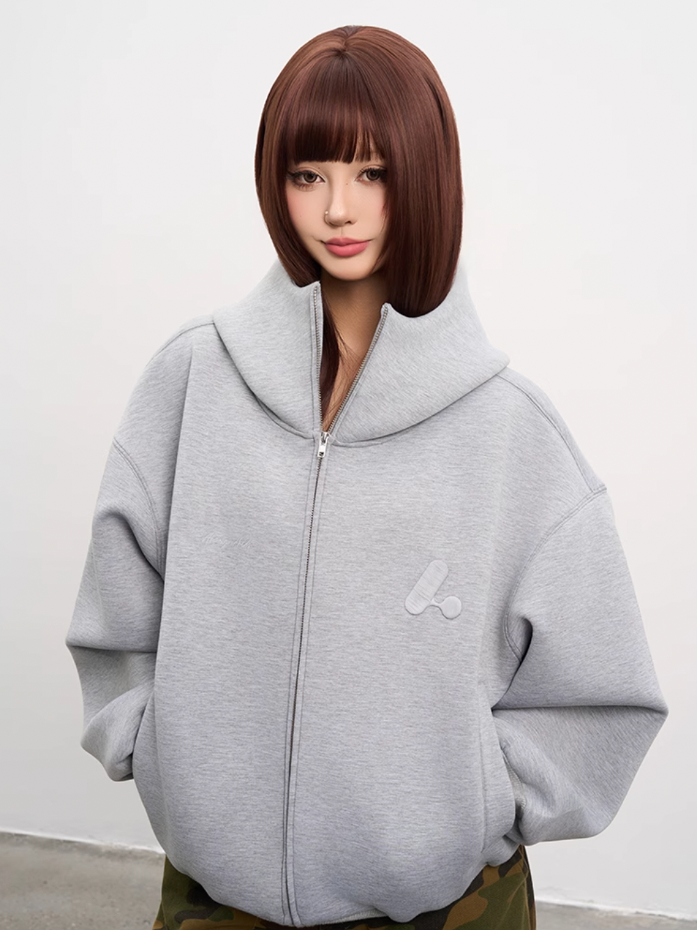 AFGK Air Layer High Collar Embroidered Oversized Zip-Up Hoodie | Face 3 Face