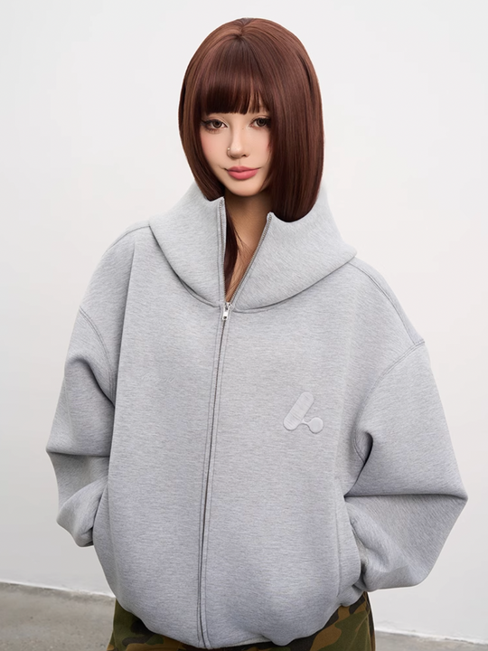 AFGK Air Layer High Collar Embroidered Oversized Zip-Up Hoodie | Face 3 Face