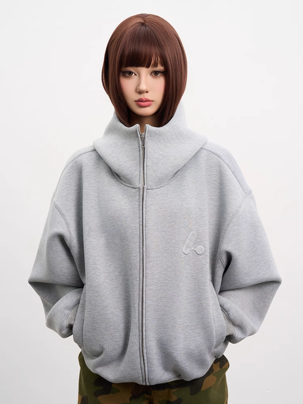 AFGK Air Layer High Collar Embroidered Oversized Zip-Up Hoodie | Face 3 Face
