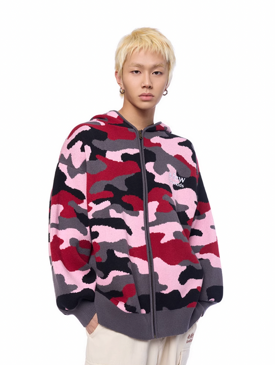 AFGK Pink Camouflage Zip-Up Knit Hoodie | Face 3 Face