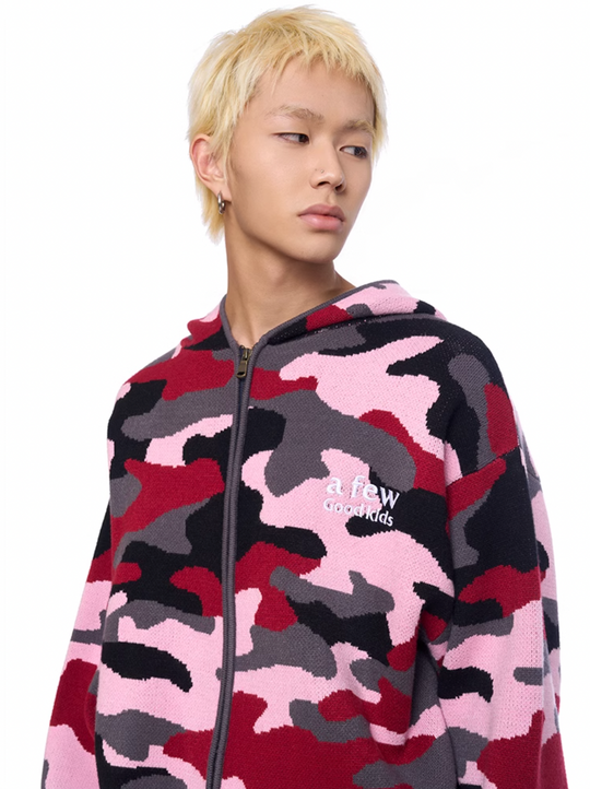 AFGK Pink Camouflage Zip-Up Knit Hoodie | Face 3 Face