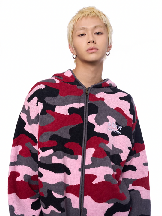AFGK Pink Camouflage Zip-Up Knit Hoodie | Face 3 Face