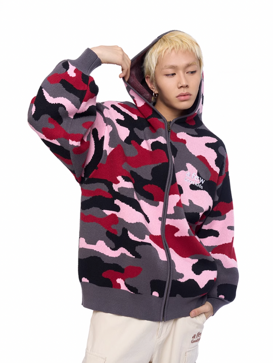 AFGK Pink Camouflage Zip-Up Knit Hoodie | Face 3 Face