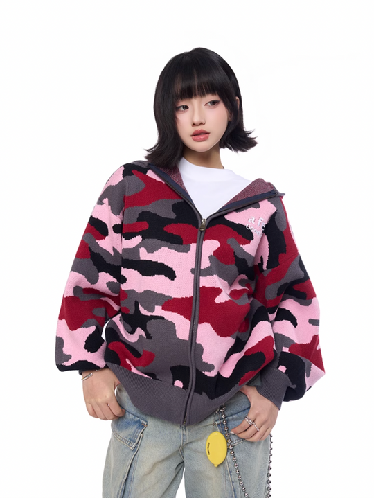 AFGK Pink Camouflage Zip-Up Knit Hoodie | Face 3 Face