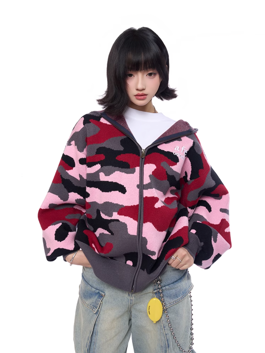 AFGK Pink Camouflage Zip-Up Knit Hoodie | Face 3 Face
