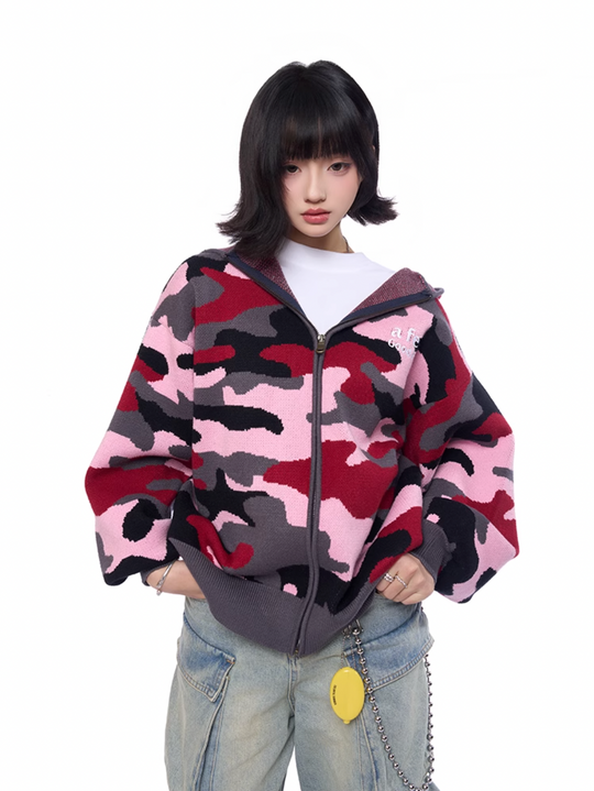 AFGK Pink Camouflage Zip-Up Knit Hoodie | Face 3 Face