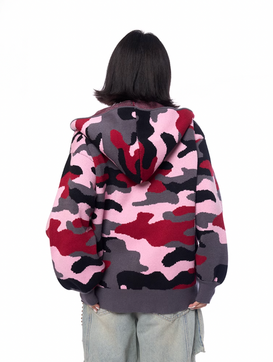 AFGK Pink Camouflage Zip-Up Knit Hoodie | Face 3 Face
