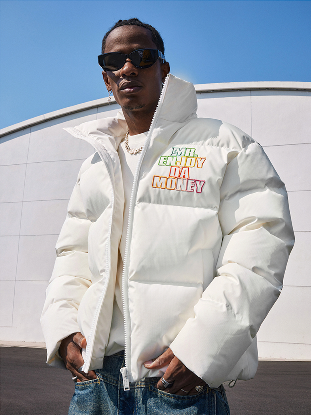 MEDM 3D Embroidered Rainbow Letters Down Jacket | Face 3 Face