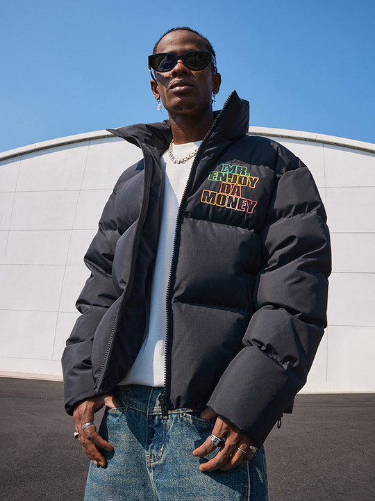 MEDM 3D Embroidered Rainbow Letters Down Jacket | Face 3 Face