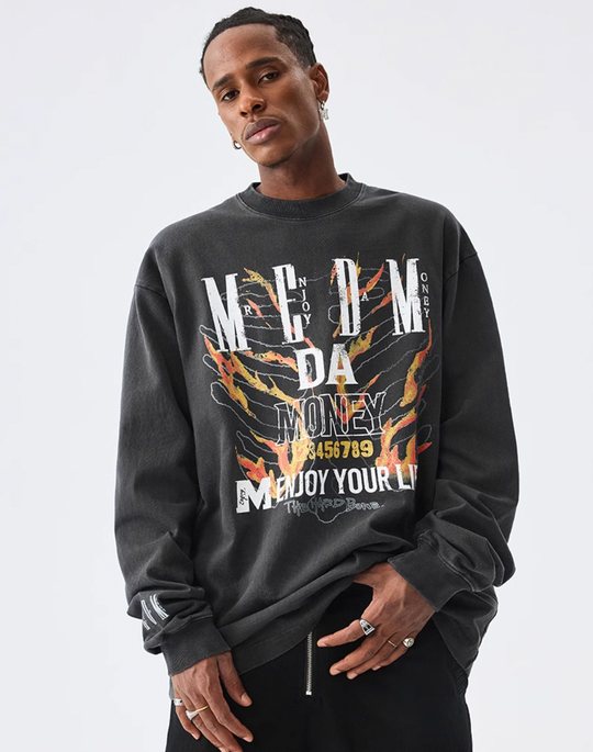 MEDM Flame Bones Graphic Washed Long Sleeve Tee | Face 3 Face