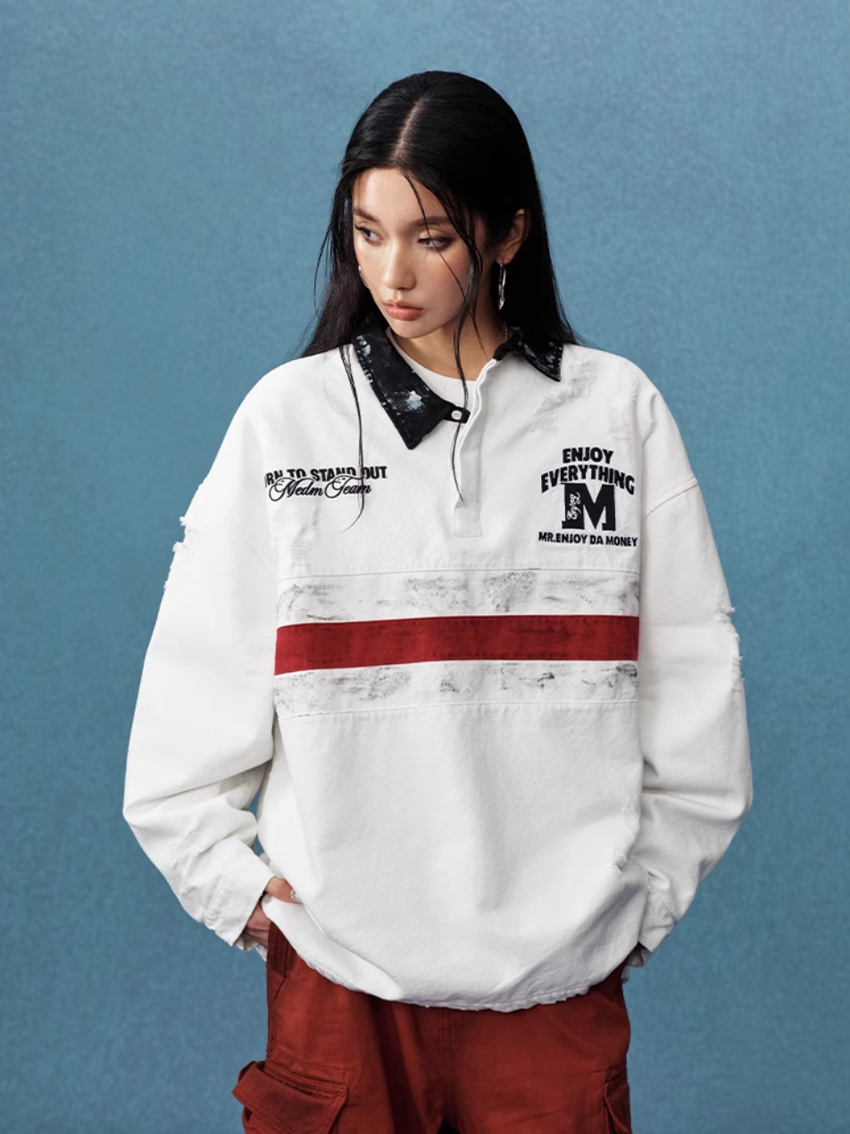 MEDM Asymmetric Collar Stripes Long Sleeve Polo | Face 3 Face