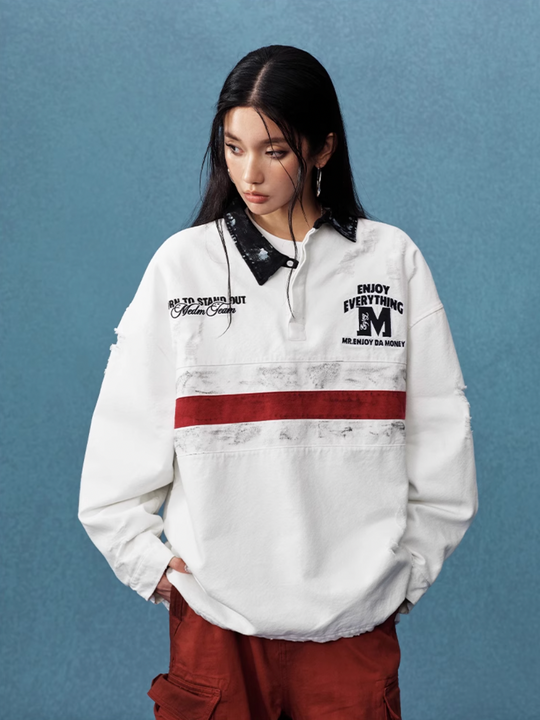 MEDM Asymmetric Collar Stripes Long Sleeve Polo | Face 3 Face