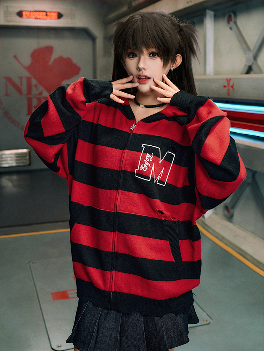 MEDM x EVA Lilith Stripe Zip-Up Knit Hoodie | Face 3 Face