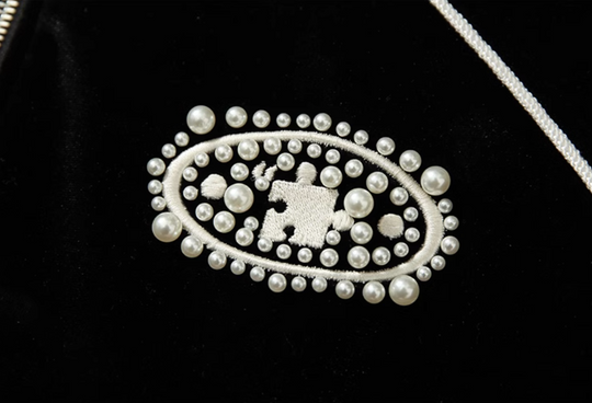 YADcrew Black Velvet Pearl-Embroidered Bomber Jacket | Face 3 Face