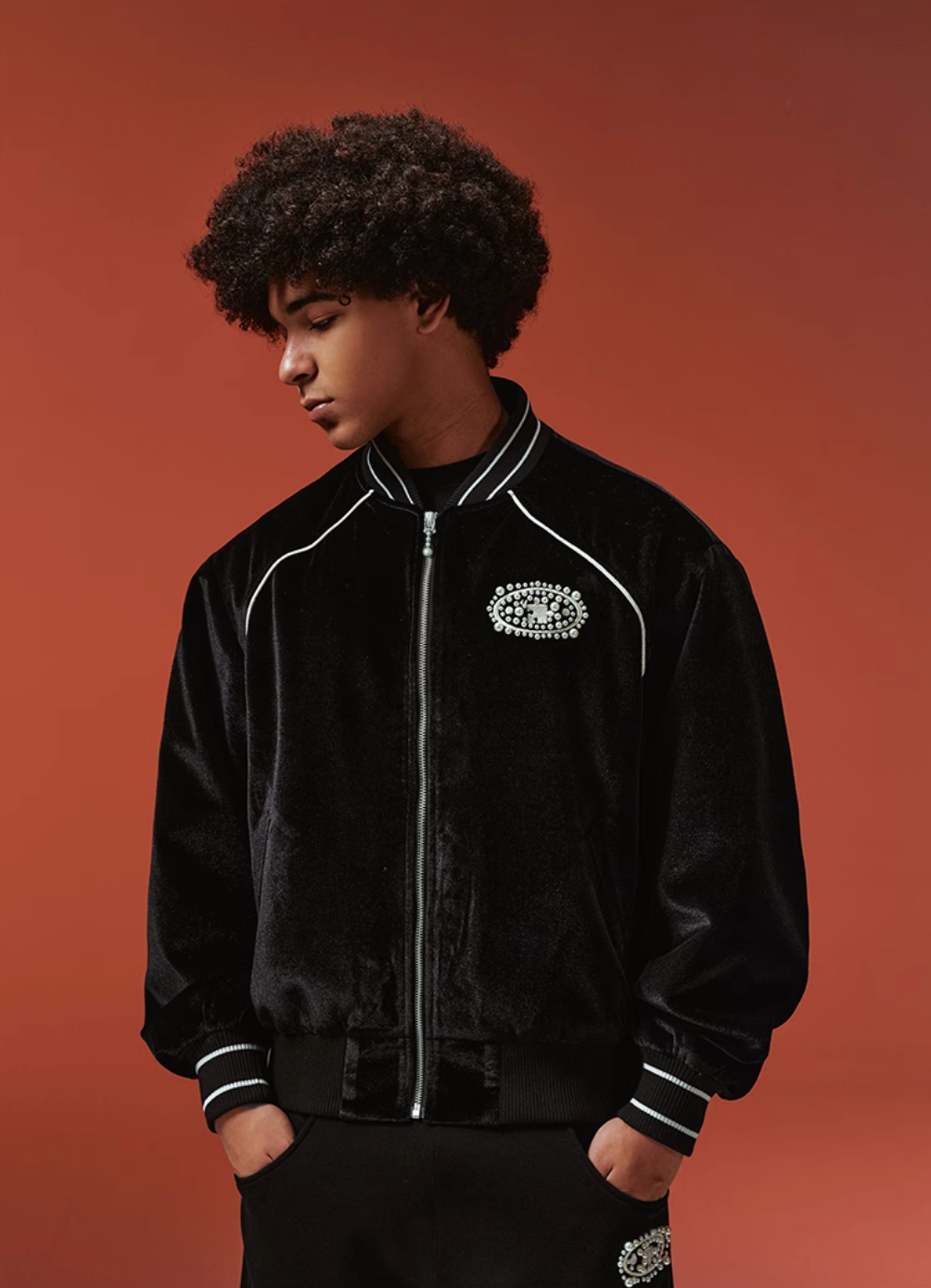 YADcrew Black Velvet Pearl-Embroidered Bomber Jacket | Face 3 Face