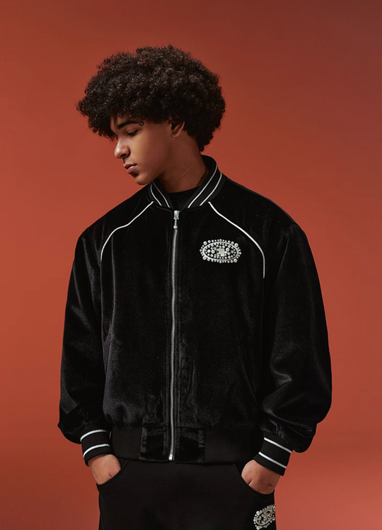 YADcrew Black Velvet Pearl-Embroidered Bomber Jacket | Face 3 Face