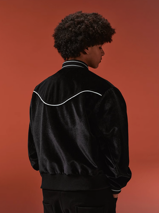 YADcrew Black Velvet Pearl-Embroidered Bomber Jacket | Face 3 Face
