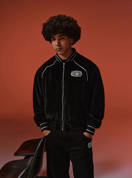 YADcrew Black Velvet Pearl-Embroidered Bomber Jacket | Face 3 Face