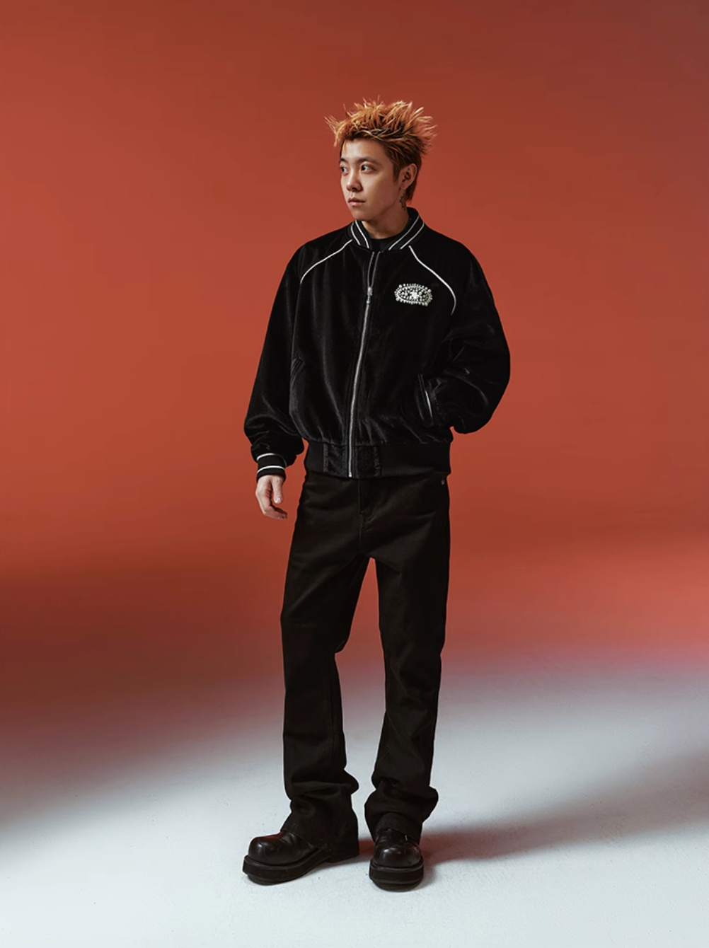 YADcrew Black Velvet Pearl-Embroidered Bomber Jacket | Face 3 Face
