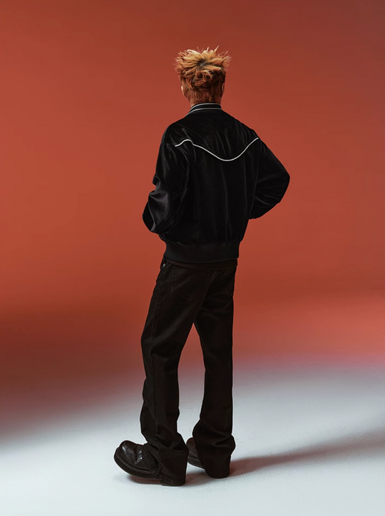 YADcrew Black Velvet Pearl-Embroidered Bomber Jacket | Face 3 Face