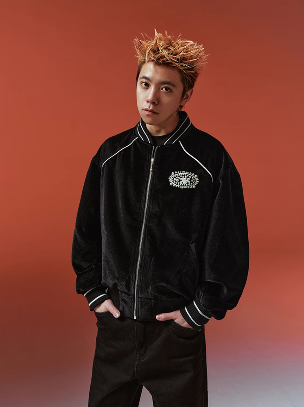 YADcrew Black Velvet Pearl-Embroidered Bomber Jacket | Face 3 Face