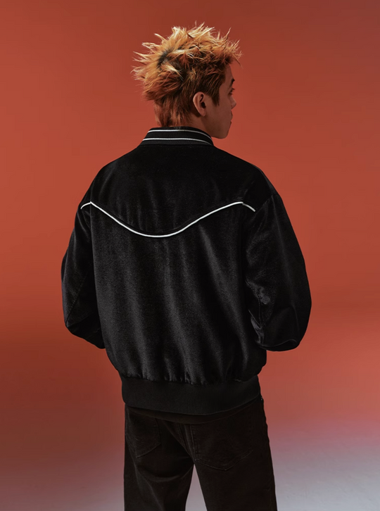 YADcrew Black Velvet Pearl-Embroidered Bomber Jacket | Face 3 Face