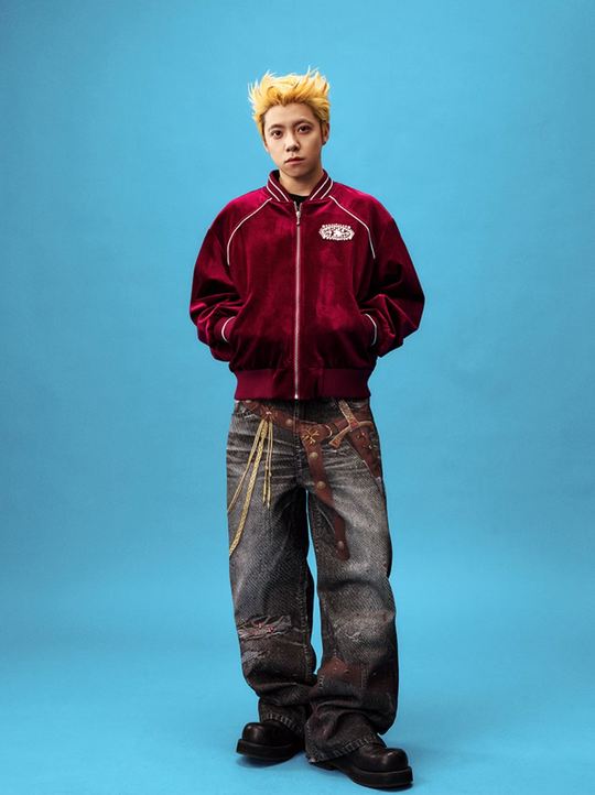 YADcrew Red Velvet Pearl-Embroidered Bomber Jacket | Face 3 Face