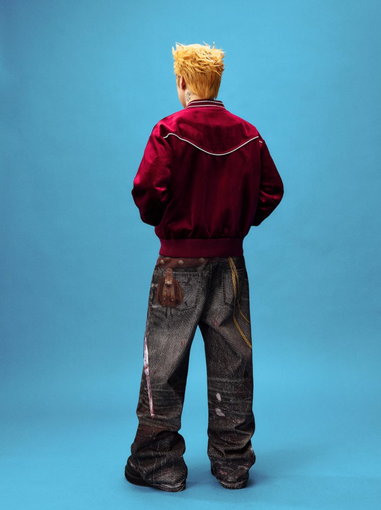 YADcrew Red Velvet Pearl-Embroidered Bomber Jacket | Face 3 Face