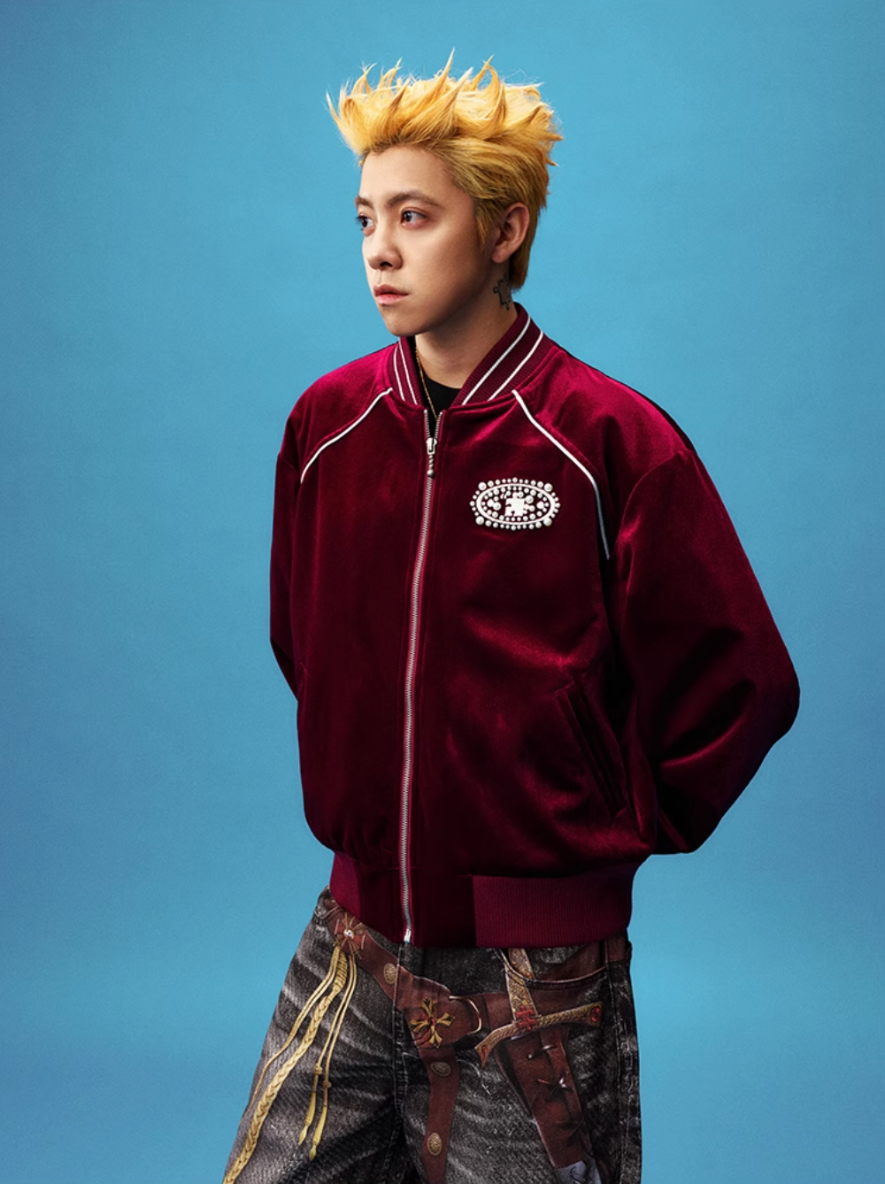 YADcrew Red Velvet Pearl-Embroidered Bomber Jacket | Face 3 Face