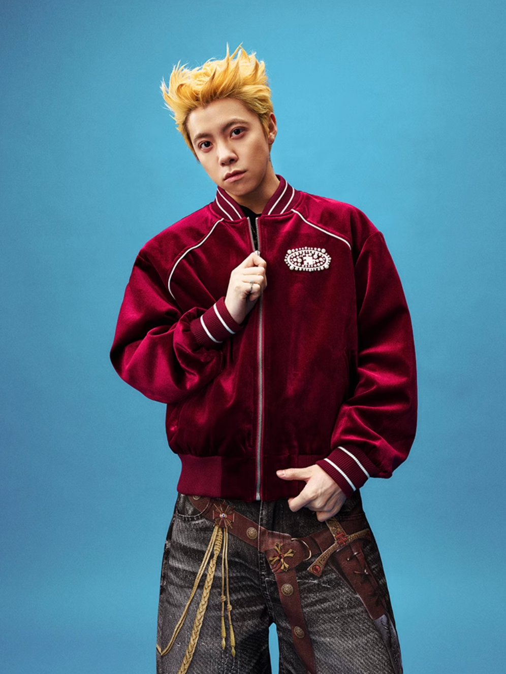 YADcrew Red Velvet Pearl-Embroidered Bomber Jacket | Face 3 Face