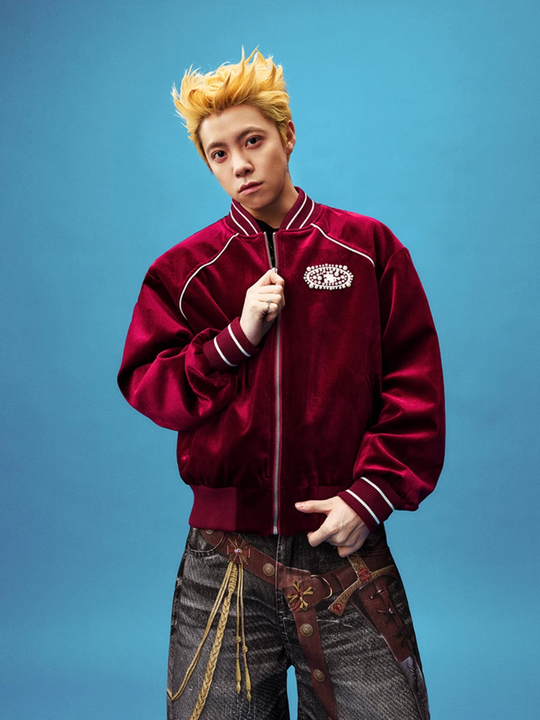 YADcrew Red Velvet Pearl-Embroidered Bomber Jacket | Face 3 Face
