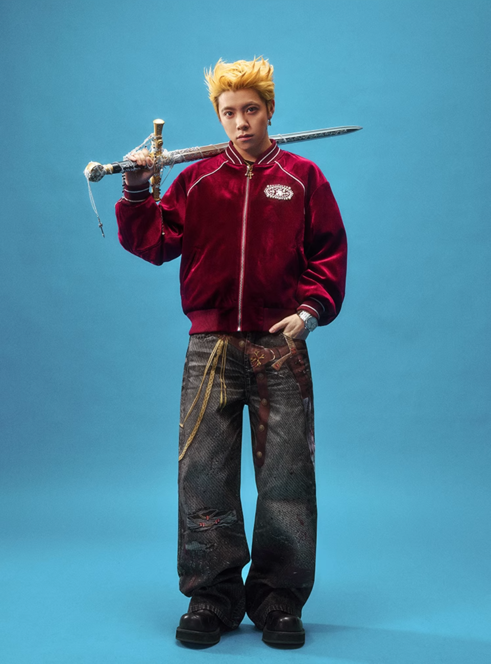 YADcrew Red Velvet Pearl-Embroidered Bomber Jacket | Face 3 Face