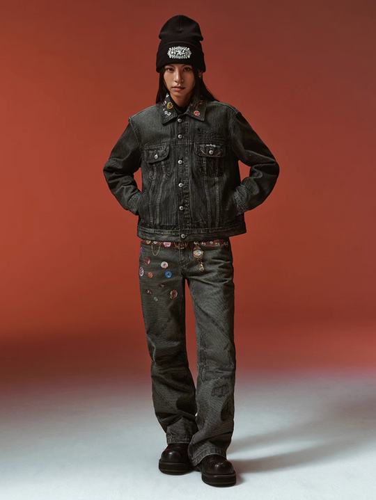 YADcrew Badge-Print Denim Jacket | Face 3 Face