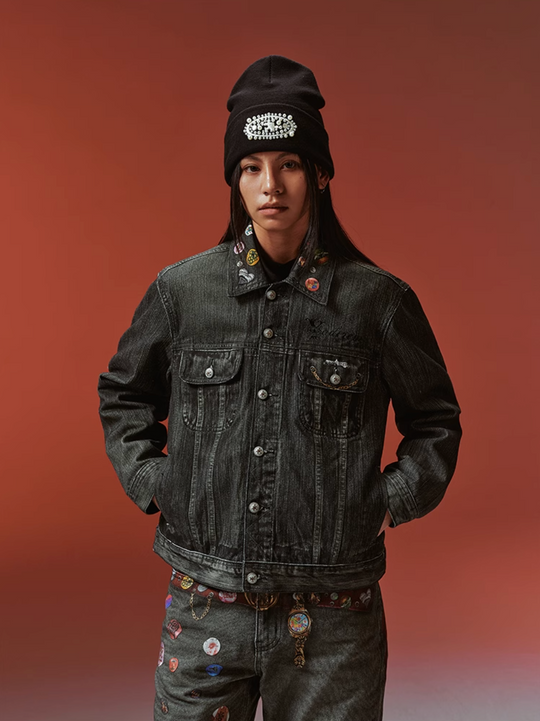 YADcrew Badge-Print Denim Jacket | Face 3 Face