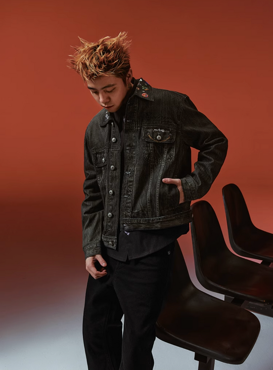 YADcrew Badge-Print Denim Jacket | Face 3 Face