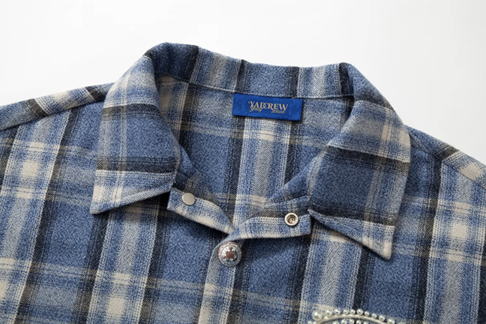 YADcrew Pearl-Embroidered Plaid Long-Sleeve Shirt | Face 3 Face