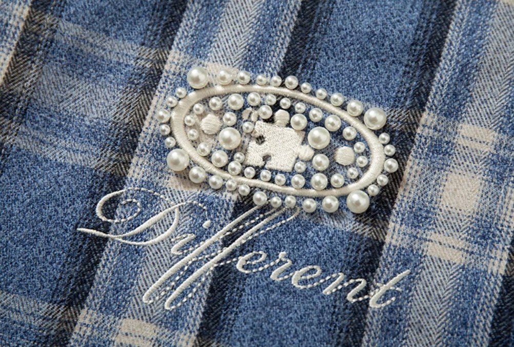 YADcrew Pearl-Embroidered Plaid Long-Sleeve Shirt | Face 3 Face