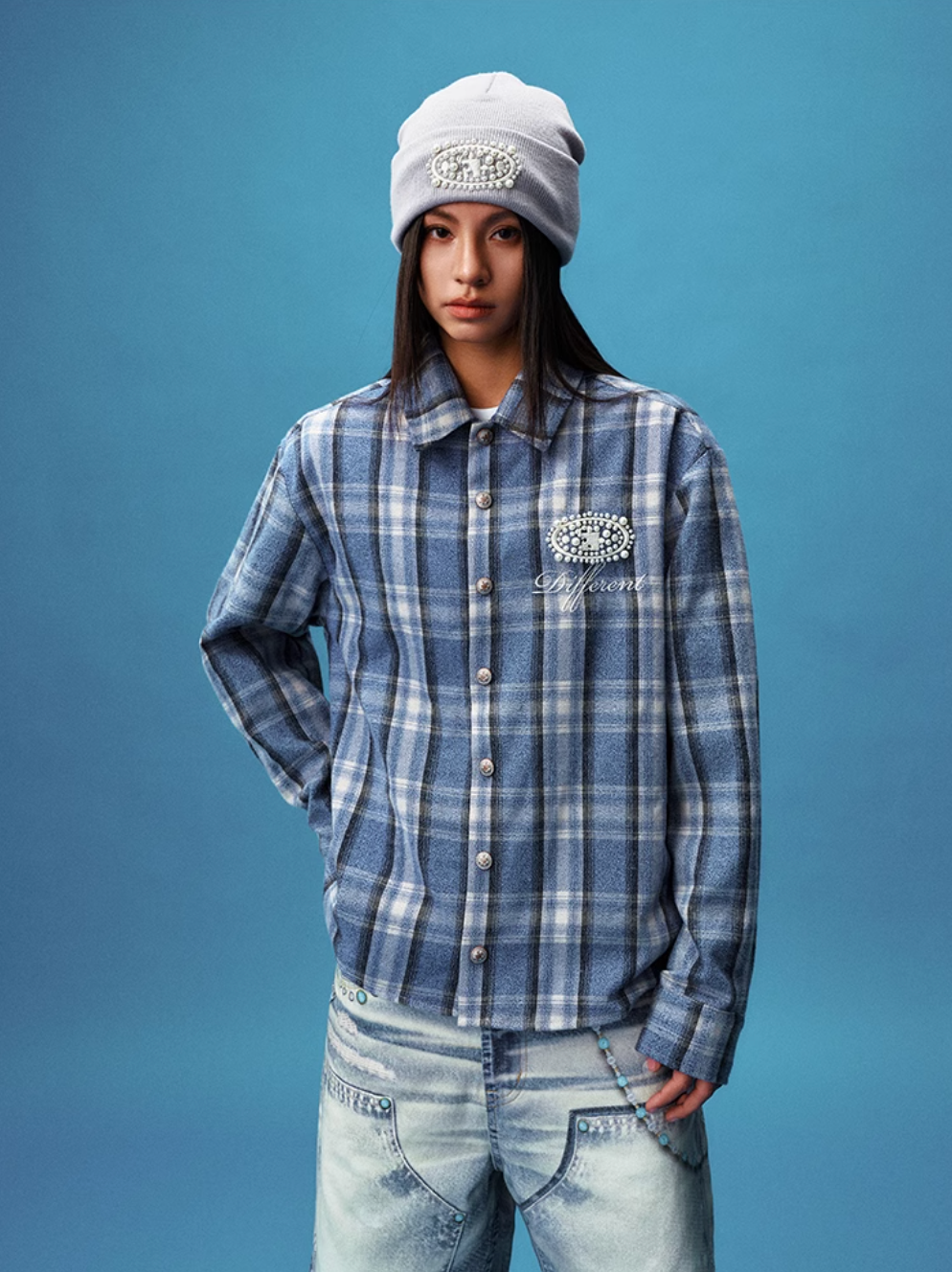 YADcrew Pearl-Embroidered Plaid Long-Sleeve Shirt | Face 3 Face