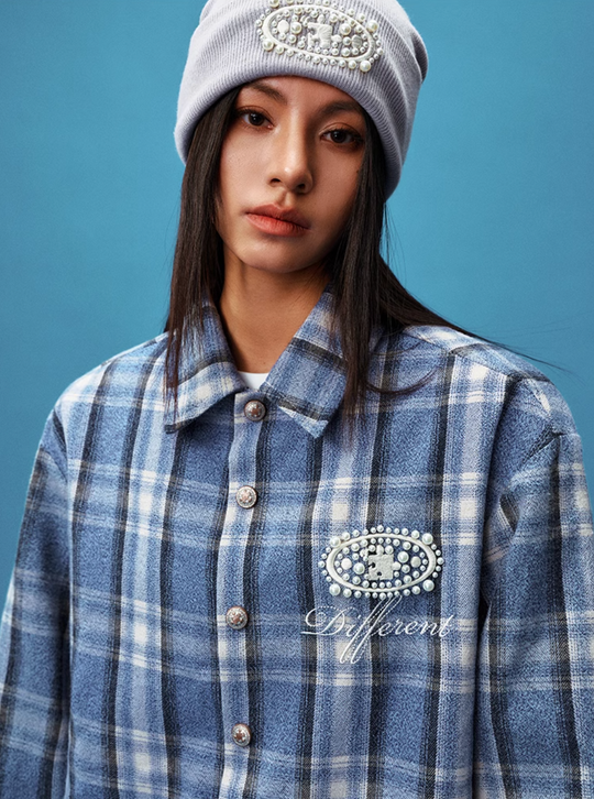 YADcrew Pearl-Embroidered Plaid Long-Sleeve Shirt | Face 3 Face