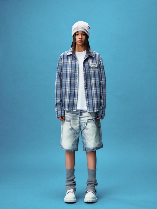 YADcrew Pearl-Embroidered Plaid Long-Sleeve Shirt | Face 3 Face