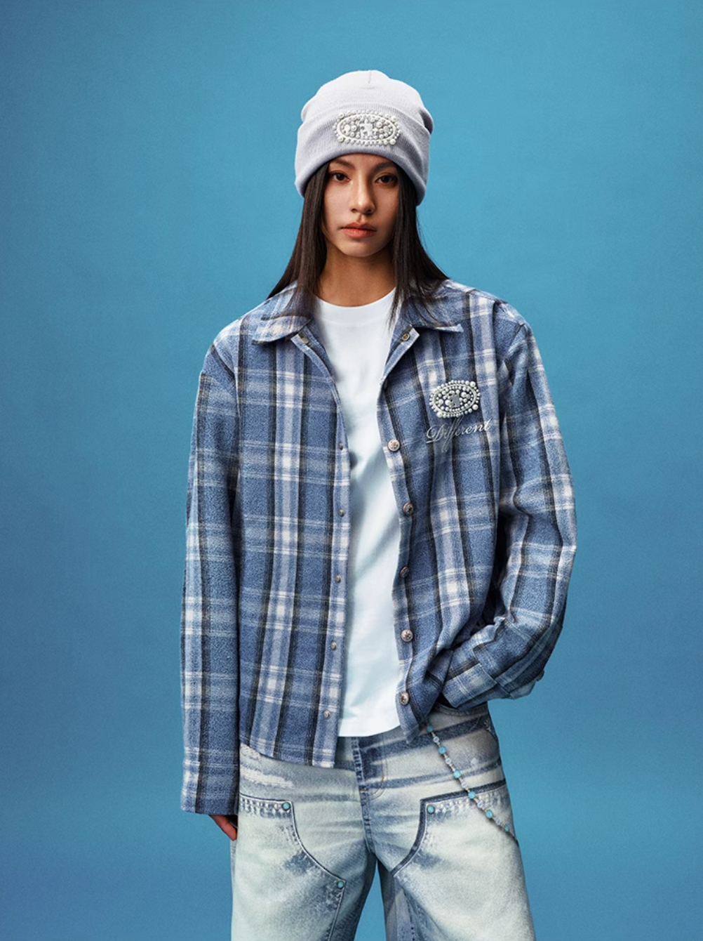 YADcrew Pearl-Embroidered Plaid Long-Sleeve Shirt | Face 3 Face