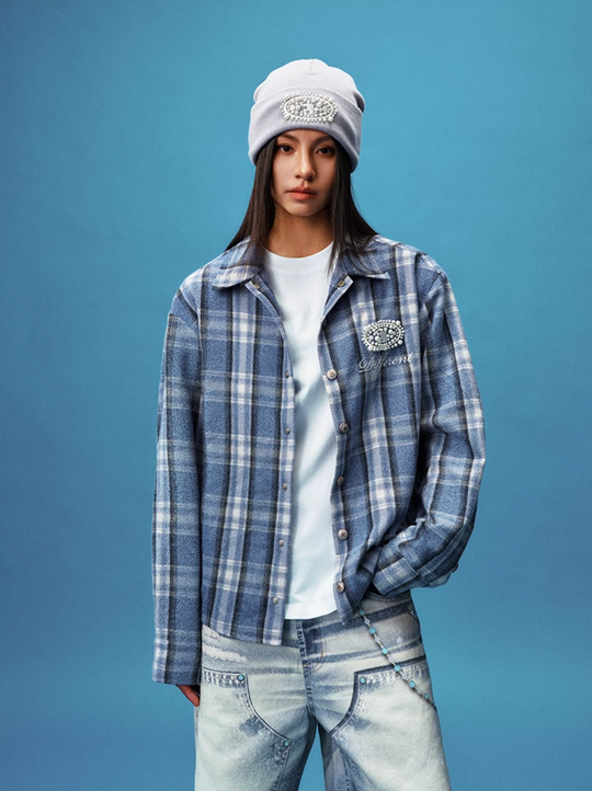 YADcrew Pearl-Embroidered Plaid Long-Sleeve Shirt | Face 3 Face