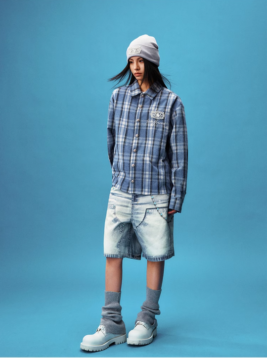 YADcrew Pearl-Embroidered Plaid Long-Sleeve Shirt | Face 3 Face