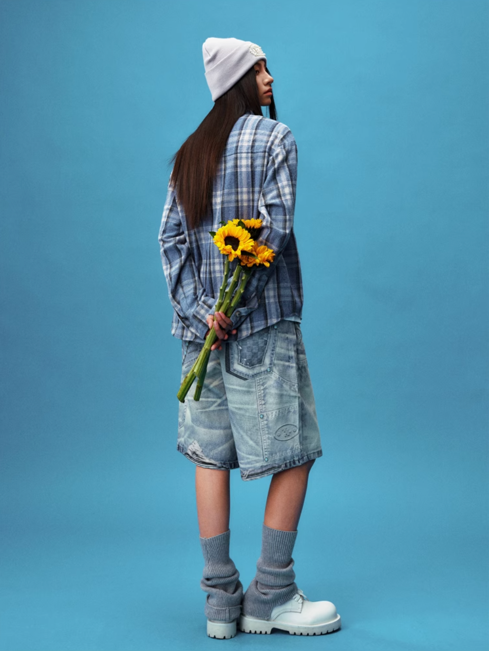 YADcrew Pearl-Embroidered Plaid Long-Sleeve Shirt | Face 3 Face