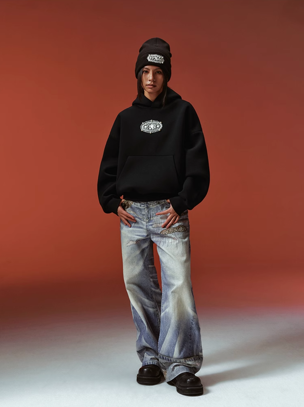 YADcrew Pearl and Embroidered Logo Puzzle Hoodie | Face 3 Face