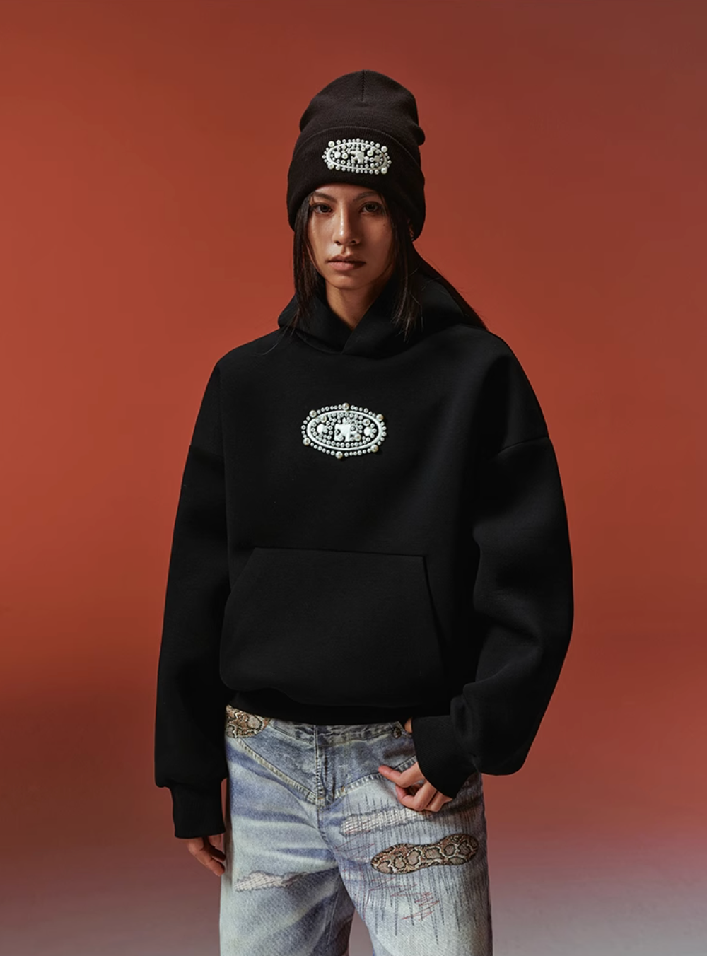 YADcrew Pearl and Embroidered Logo Puzzle Hoodie | Face 3 Face