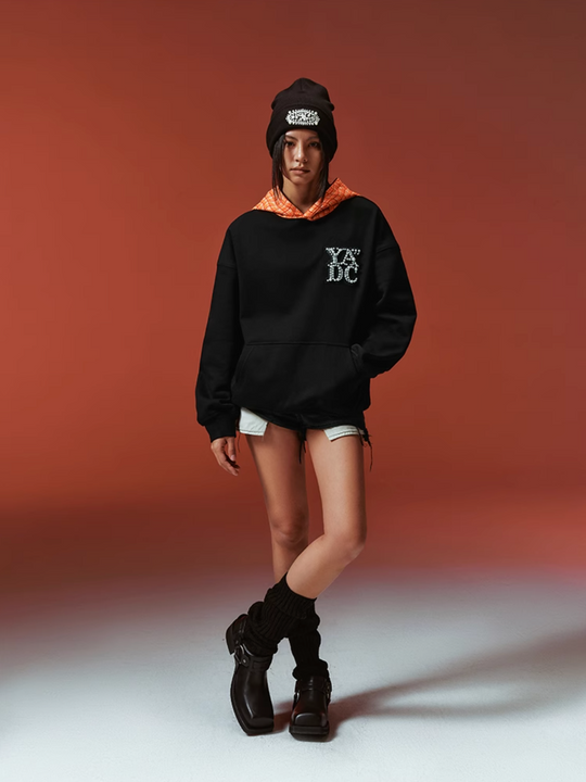 YADcrew Twisted Plaid Hood Pearl Leather Logo Hoodie | Face 3 Face